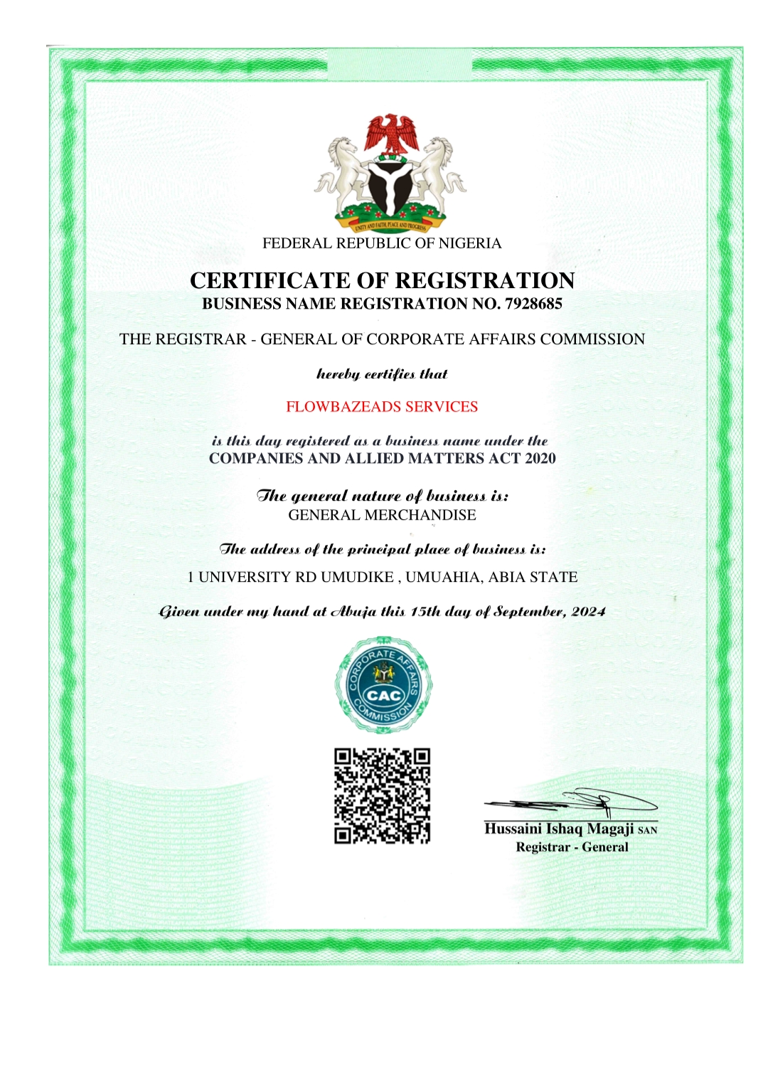 CAC Registration Certificate